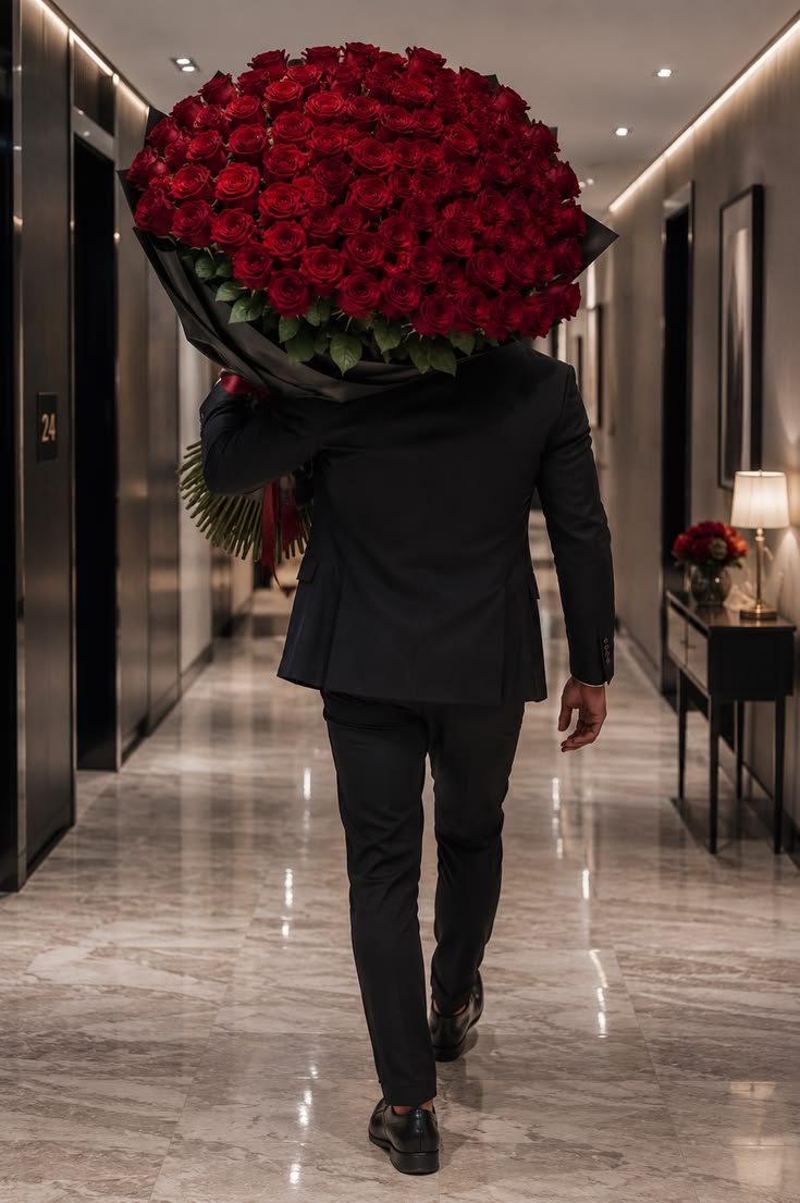 Man in a black suit carrying an oversized bouquet of red roses down a hotel hallway